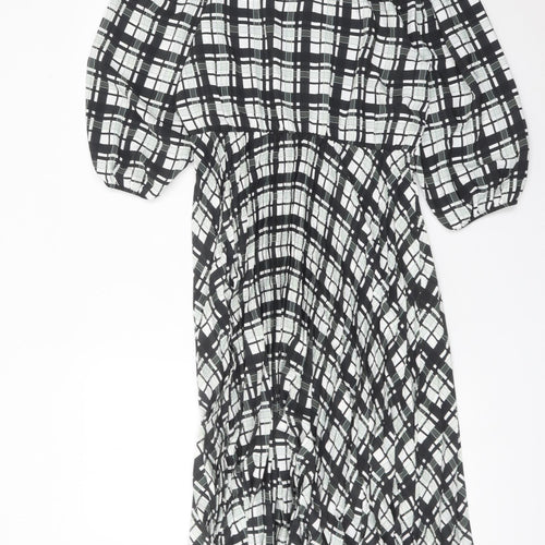F&F Women’s Black Plaid Midi Dress Size 12 Puff Sleeve A-Line