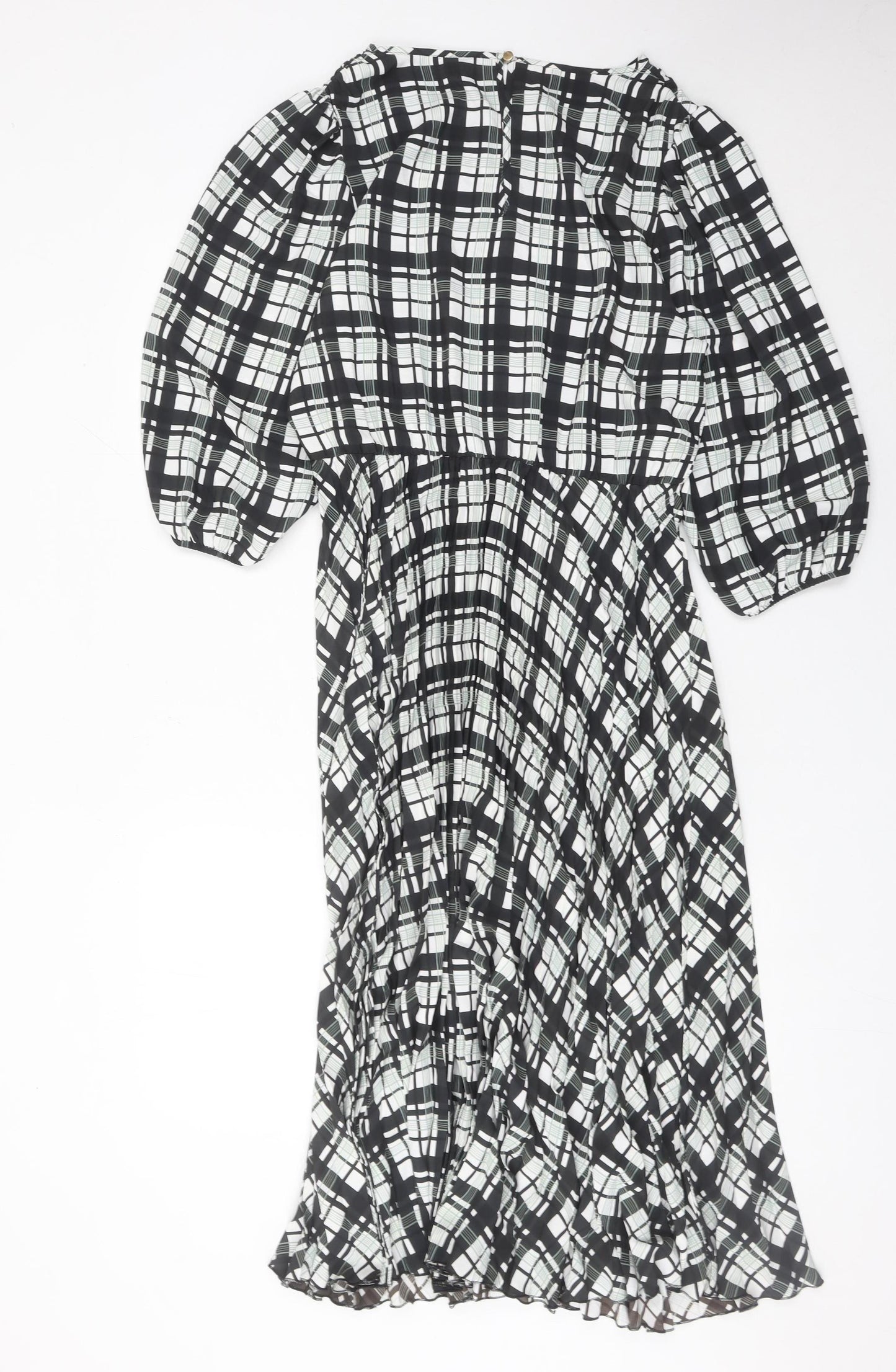F&F Women’s Black Plaid Midi Dress Size 12 Puff Sleeve A-Line