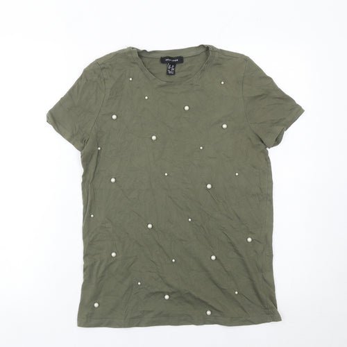 New Look Womens Green Size 10 Beaded Short Sleeve Cotton T-Shirt