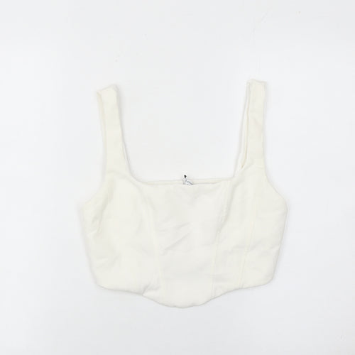 Stradivarius Women White Slim Fit Square Neck Zip Camisole Tank Top Size 12