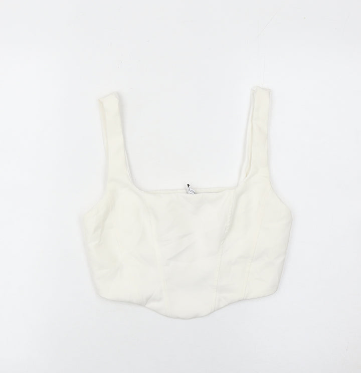 Stradivarius Women White Slim Fit Square Neck Zip Camisole Tank Top Size 12
