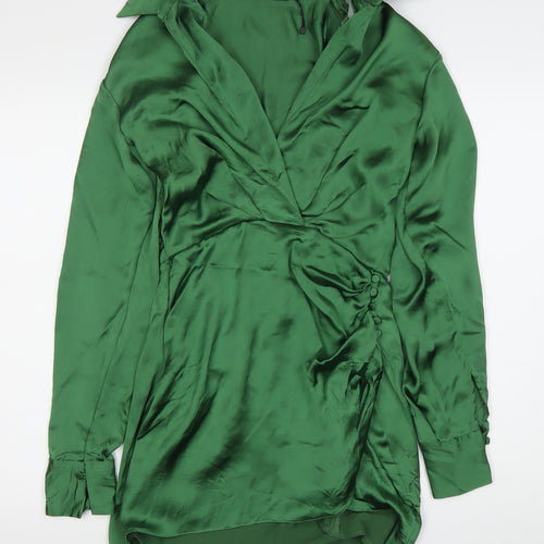 Zara Women Green XS Satin Ruched Shirt Mini Dress Long Sleeve
