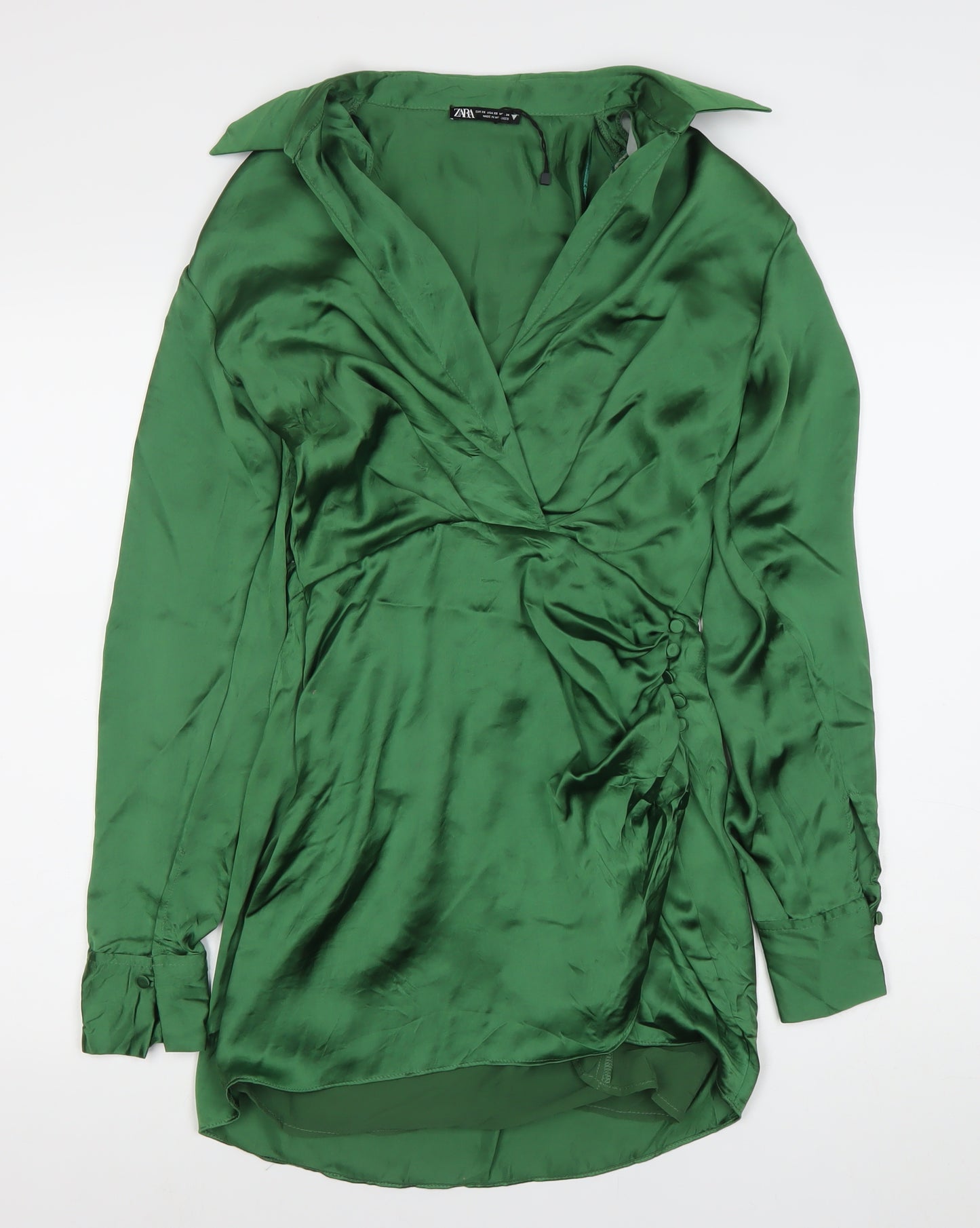 Zara Women Green XS Satin Ruched Shirt Mini Dress Long Sleeve