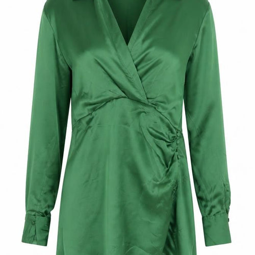 Zara Women Green XS Satin Ruched Shirt Mini Dress Long Sleeve