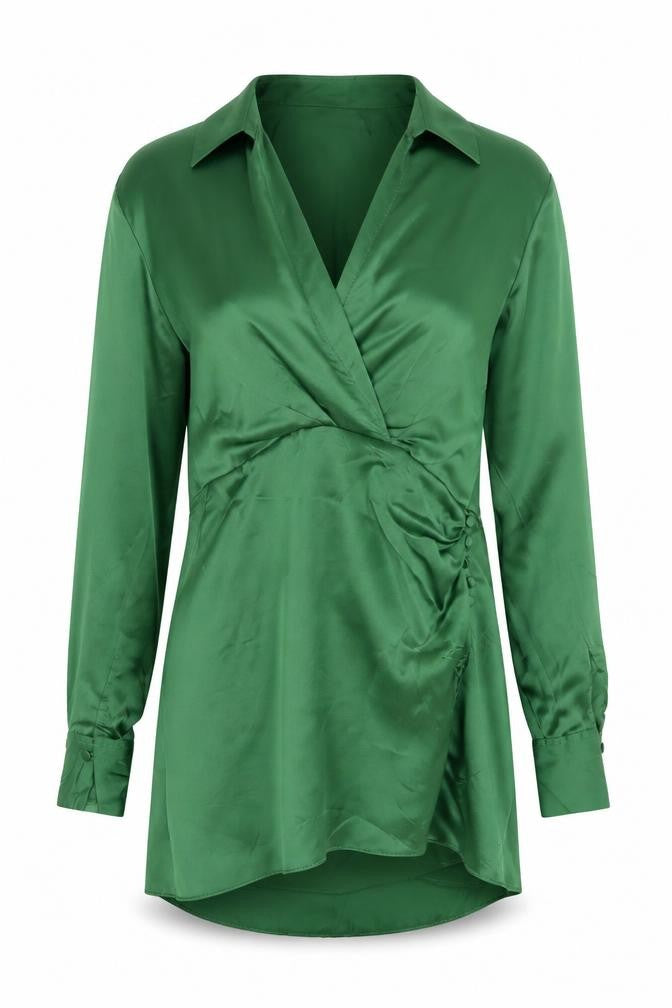 Zara Women Green XS Satin Ruched Shirt Mini Dress Long Sleeve