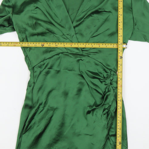Zara Women Green XS Satin Ruched Shirt Mini Dress Long Sleeve