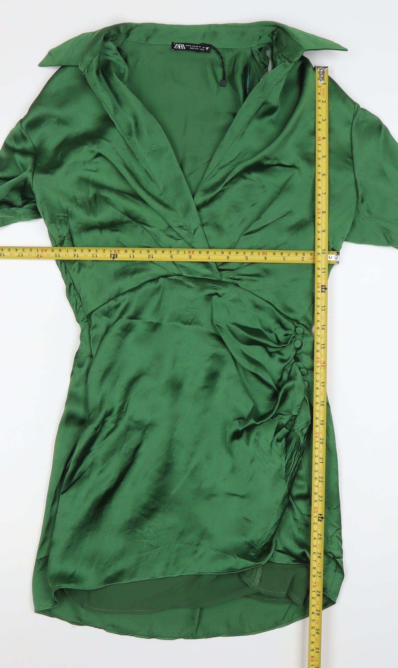 Zara Women Green XS Satin Ruched Shirt Mini Dress Long Sleeve