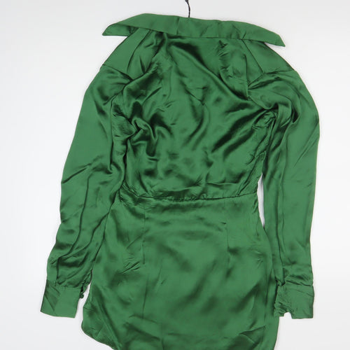 Zara Women Green XS Satin Ruched Shirt Mini Dress Long Sleeve