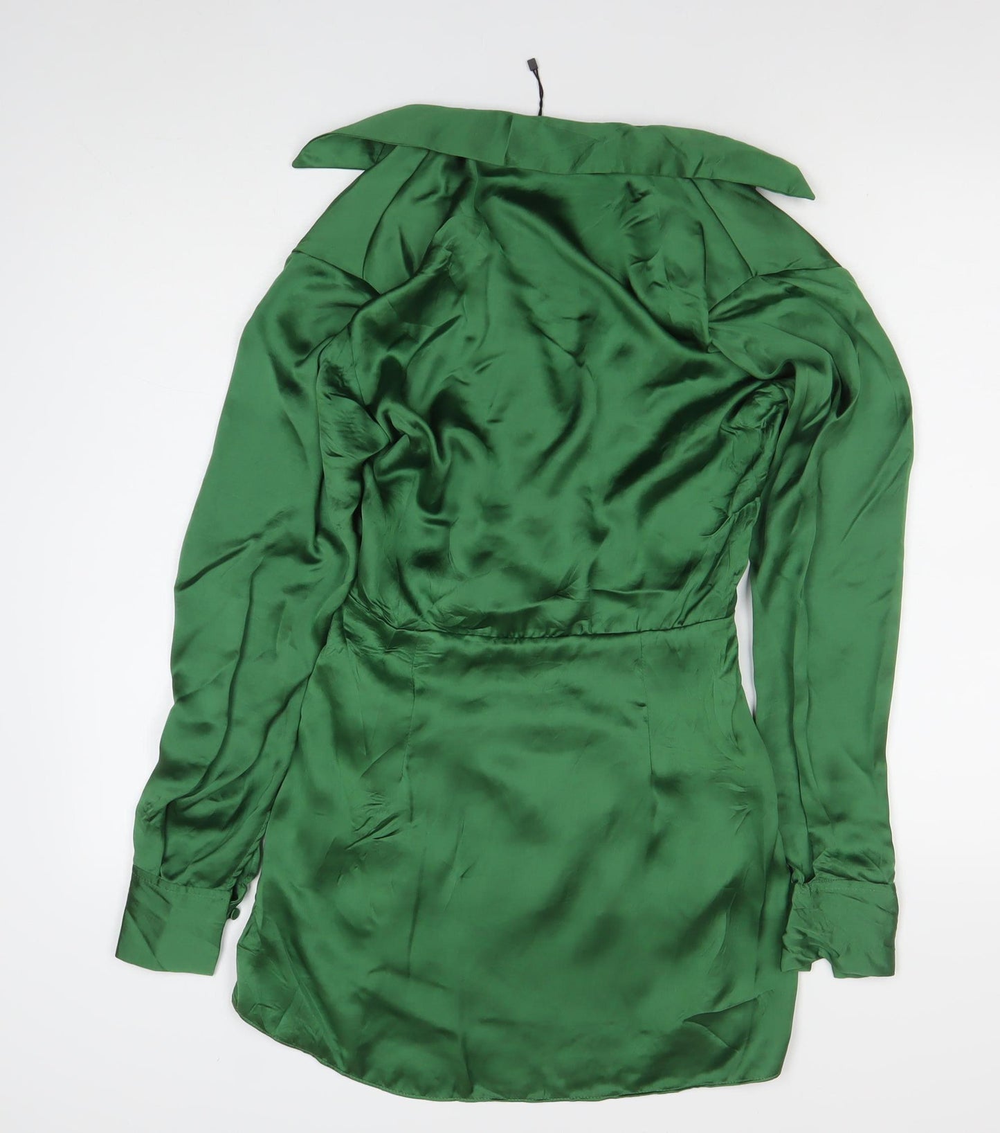 Zara Women Green XS Satin Ruched Shirt Mini Dress Long Sleeve