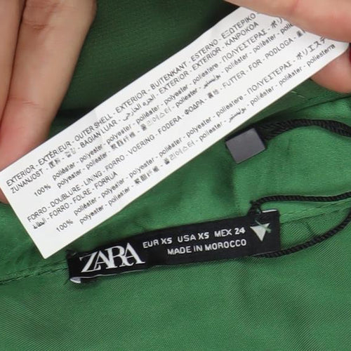 Zara Women Green XS Satin Ruched Shirt Mini Dress Long Sleeve