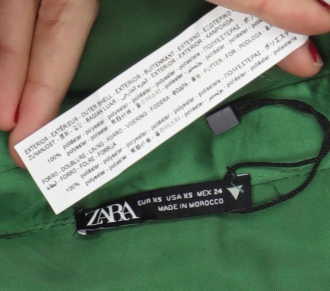 Zara Women Green XS Satin Ruched Shirt Mini Dress Long Sleeve