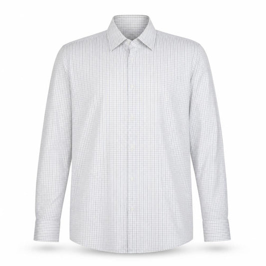 Front view of Hugo Boss Men's White Check Long Sleeve Cotton Button-Up Shirt 17/43