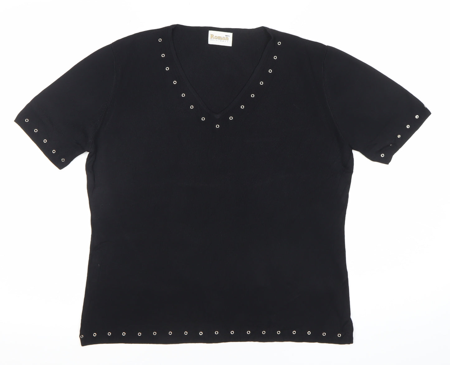 Roman Originals Womens Black Viscose Nylon Studded V-Neck T-Shirt Size M