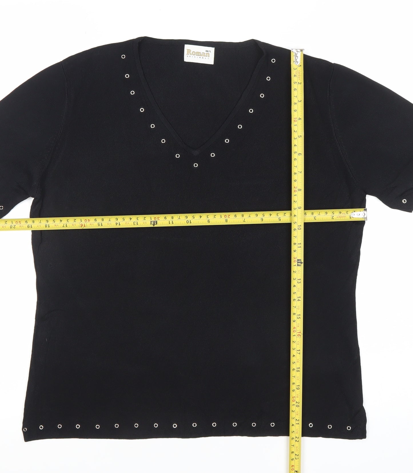 Roman Originals Womens Black Viscose Nylon Studded V-Neck T-Shirt Size M