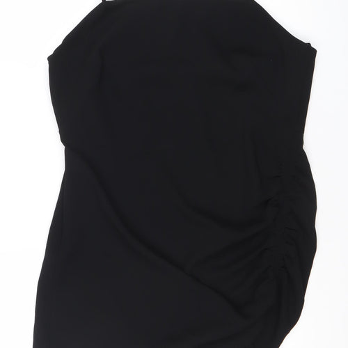 Zara Women Black Slip Mini Dress Size 14 Ruched Strappy Evening