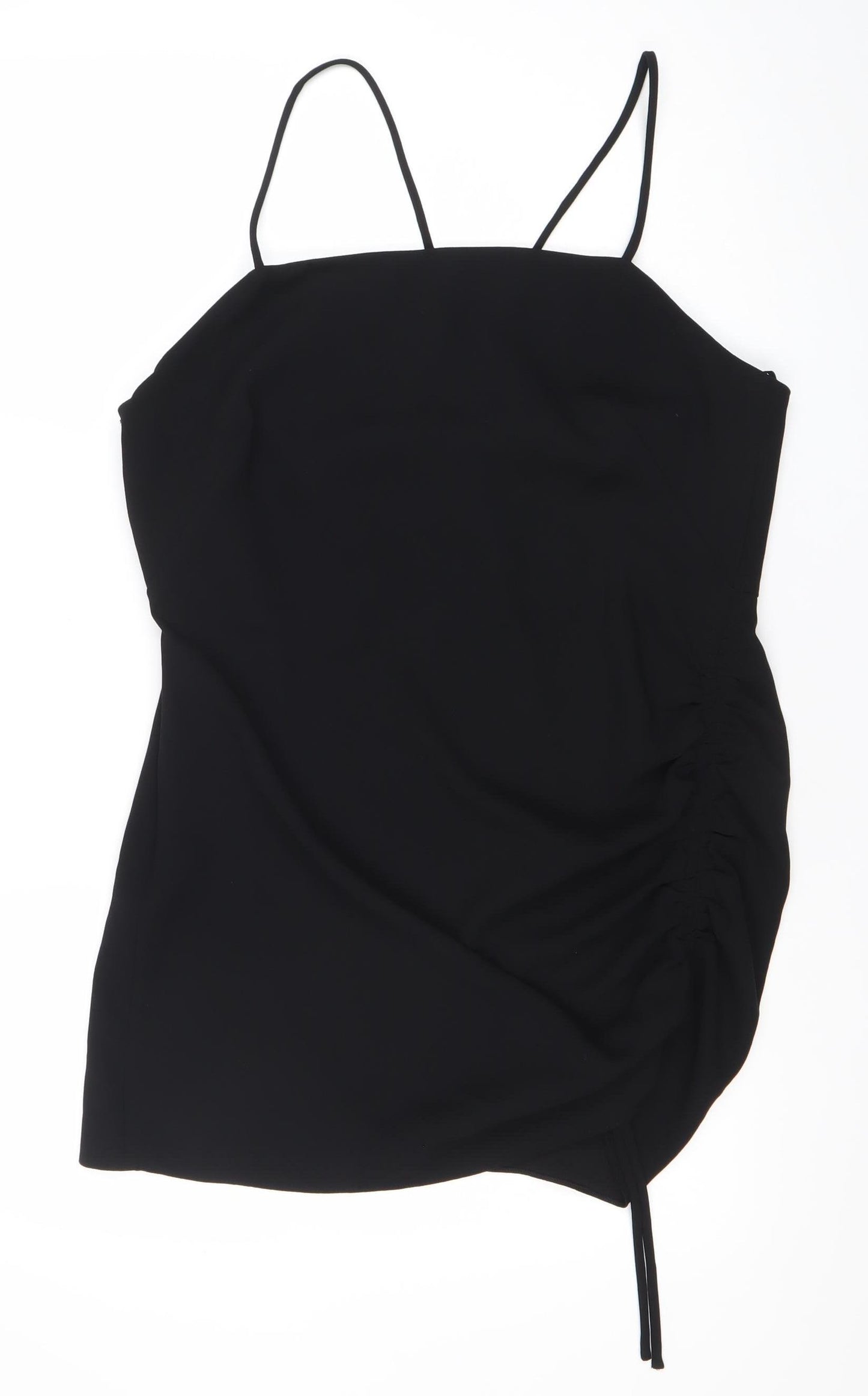 Zara Women Black Slip Mini Dress Size 14 Ruched Strappy Evening