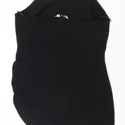 Zara Women Black Slip Mini Dress Size 14 Ruched Strappy Evening