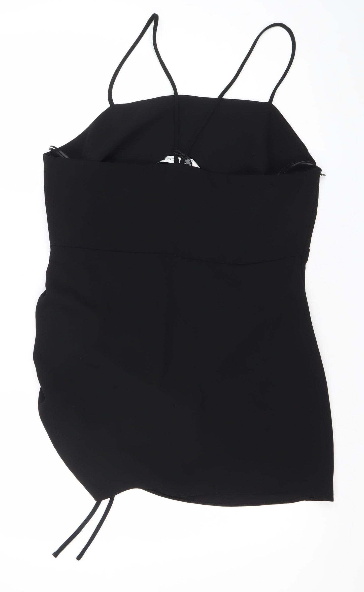 Zara Women Black Slip Mini Dress Size 14 Ruched Strappy Evening