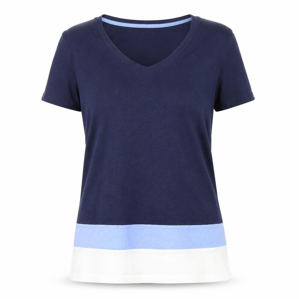 Front view of Next women’s blue white colourblock v-neck t-shirt, size UK 10