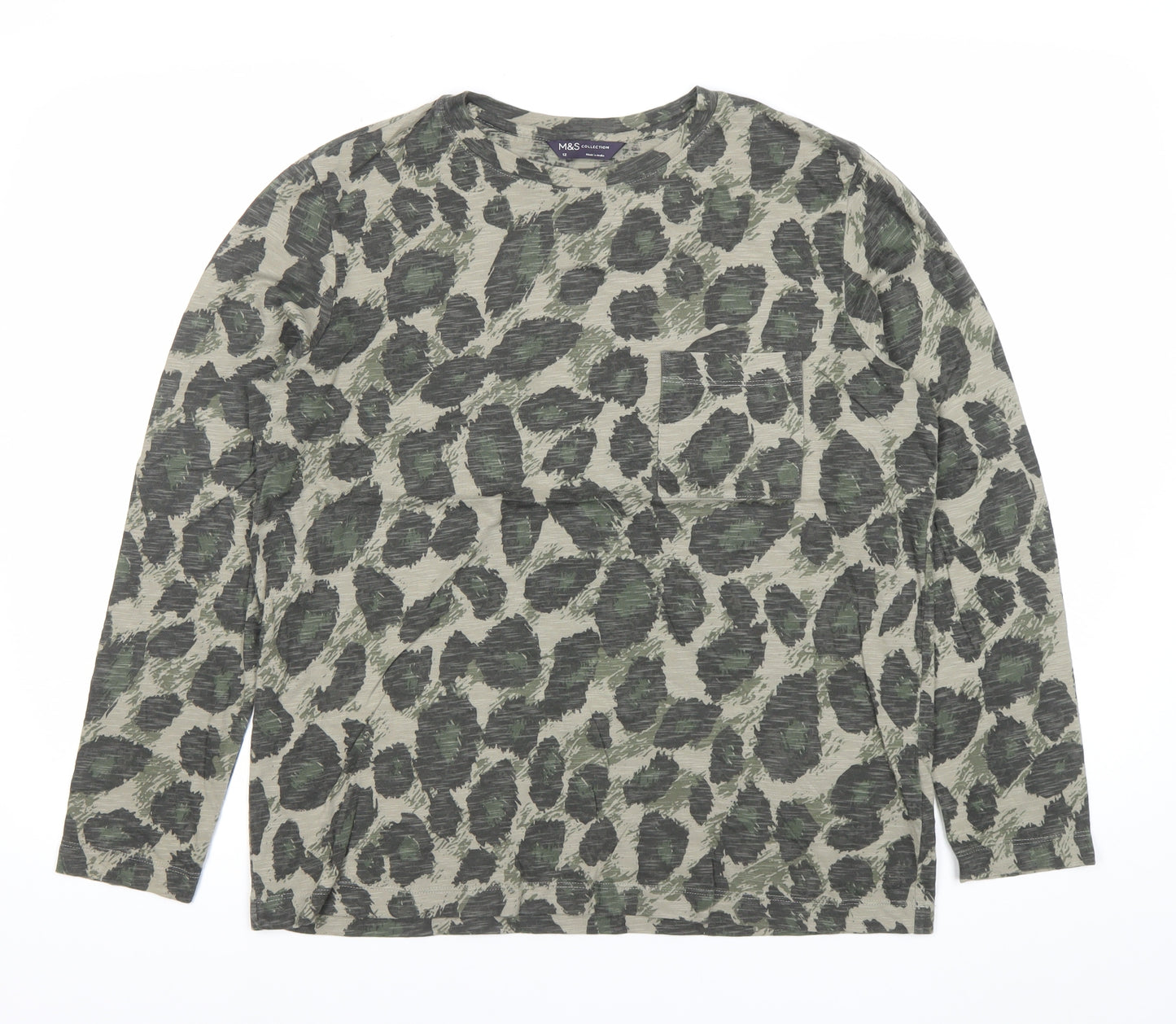 Marks and Spencer Women’s Green Animal Print Cotton Long Sleeve T-Shirt Size 12