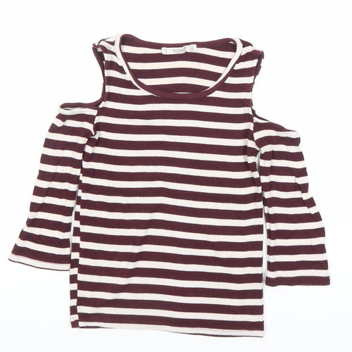 Pull&Bear Women’s Brown Striped Cold Shoulder T-Shirt Size 8