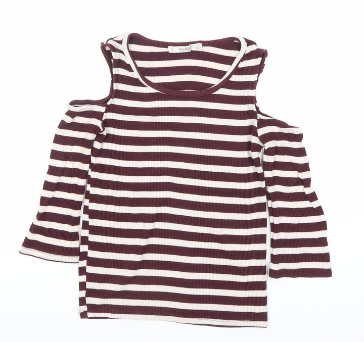 Pull&Bear Women’s Brown Striped Cold Shoulder T-Shirt Size 8