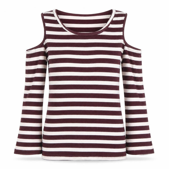 Pull&Bear Women’s Brown Striped Cold Shoulder T-Shirt Size 8