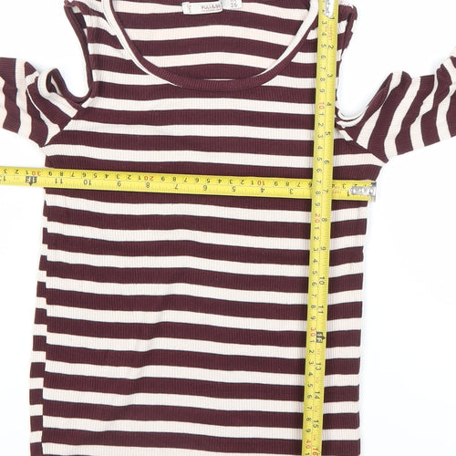 Pull&Bear Women’s Brown Striped Cold Shoulder T-Shirt Size 8
