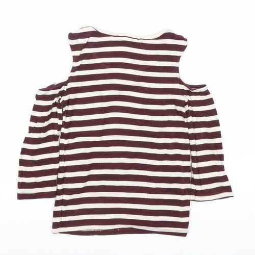 Pull&Bear Women’s Brown Striped Cold Shoulder T-Shirt Size 8