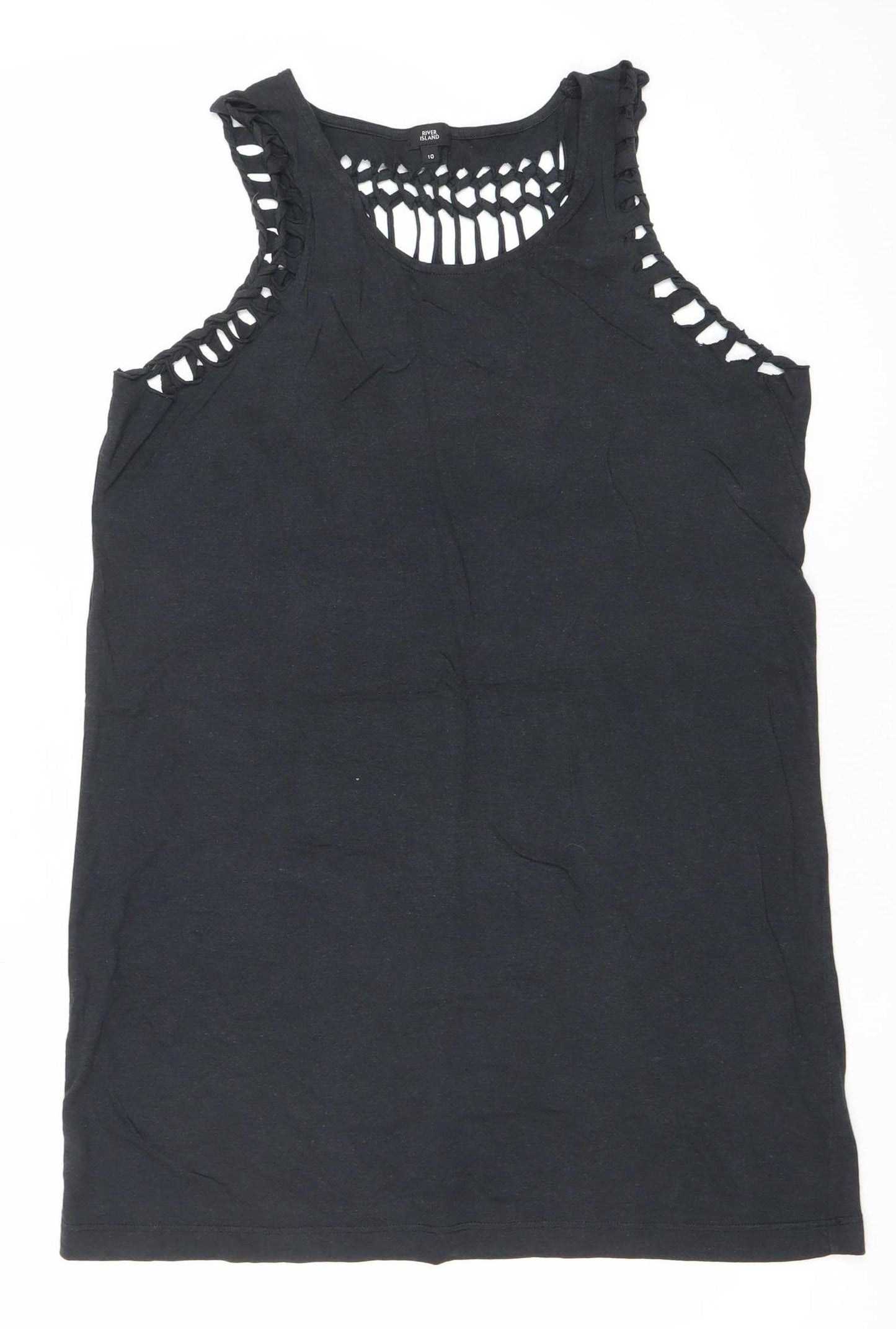 River Island Womens Black Tank Top Size 10 Crochet Detail Summer Casual