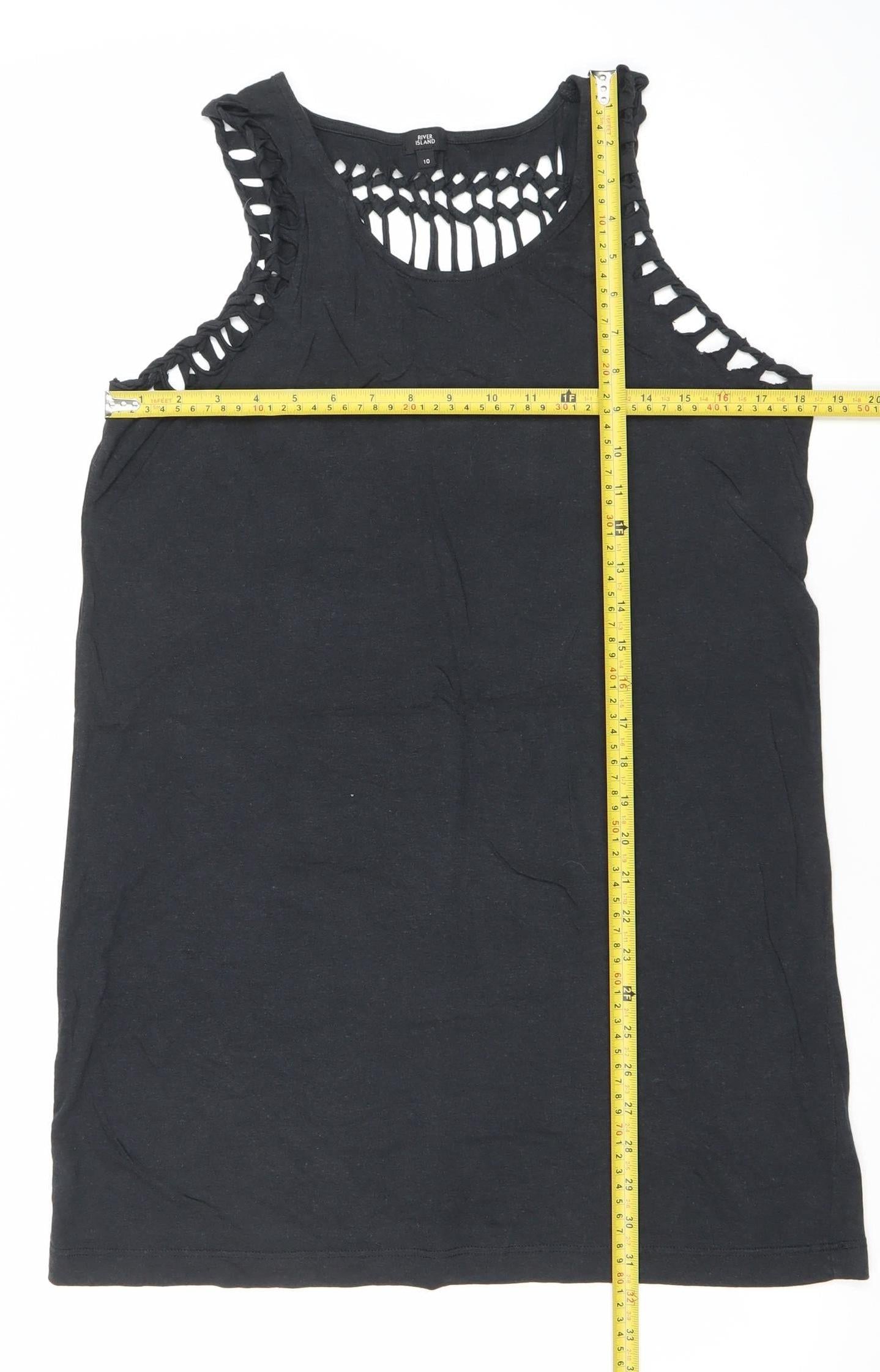 River Island Womens Black Tank Top Size 10 Crochet Detail Summer Casual