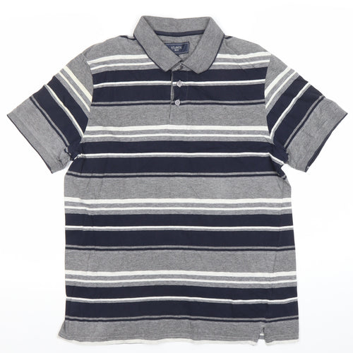 Atlantic Bay Men’s Grey Blue Striped Polo Shirt M Cotton Blend