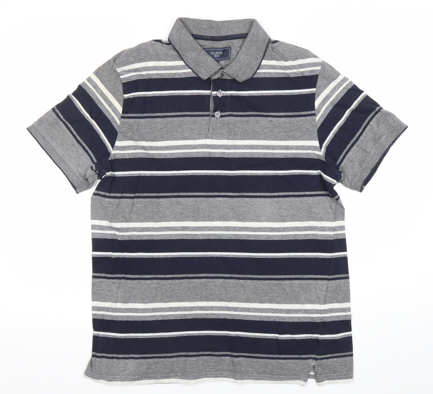 Atlantic Bay Men’s Grey Blue Striped Polo Shirt M Cotton Blend