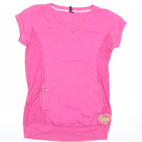 Goldigga Womens Pink V-Neck T-Shirt Size 12 Short Sleeve Lace Detail