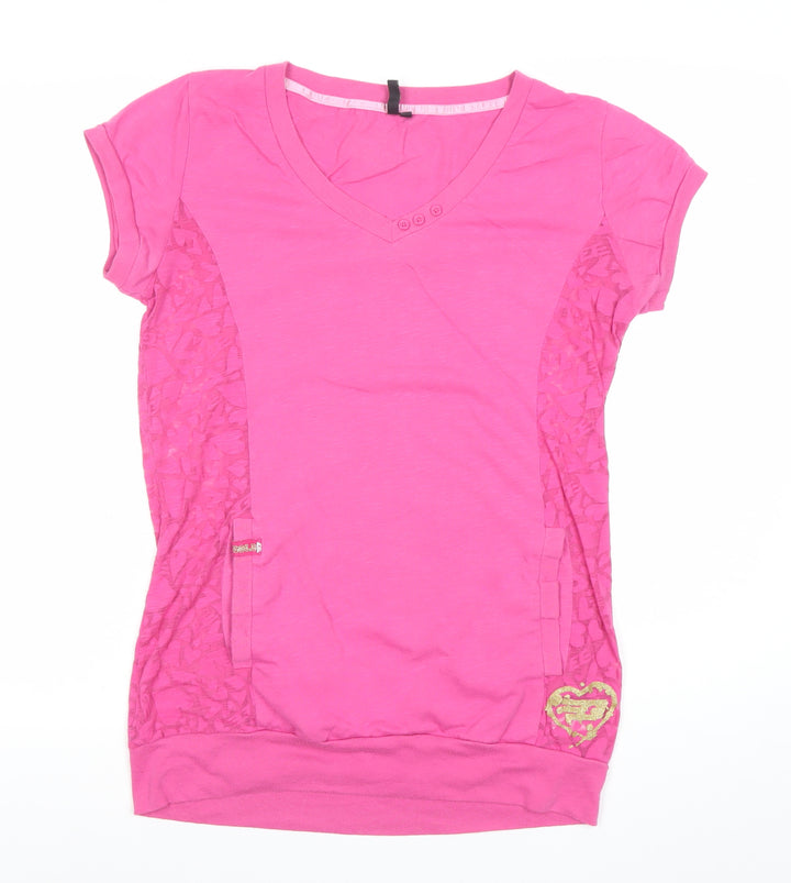 Goldigga Womens Pink V-Neck T-Shirt Size 12 Short Sleeve Lace Detail