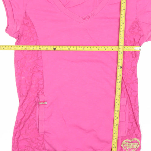 Goldigga Womens Pink V-Neck T-Shirt Size 12 Short Sleeve Lace Detail