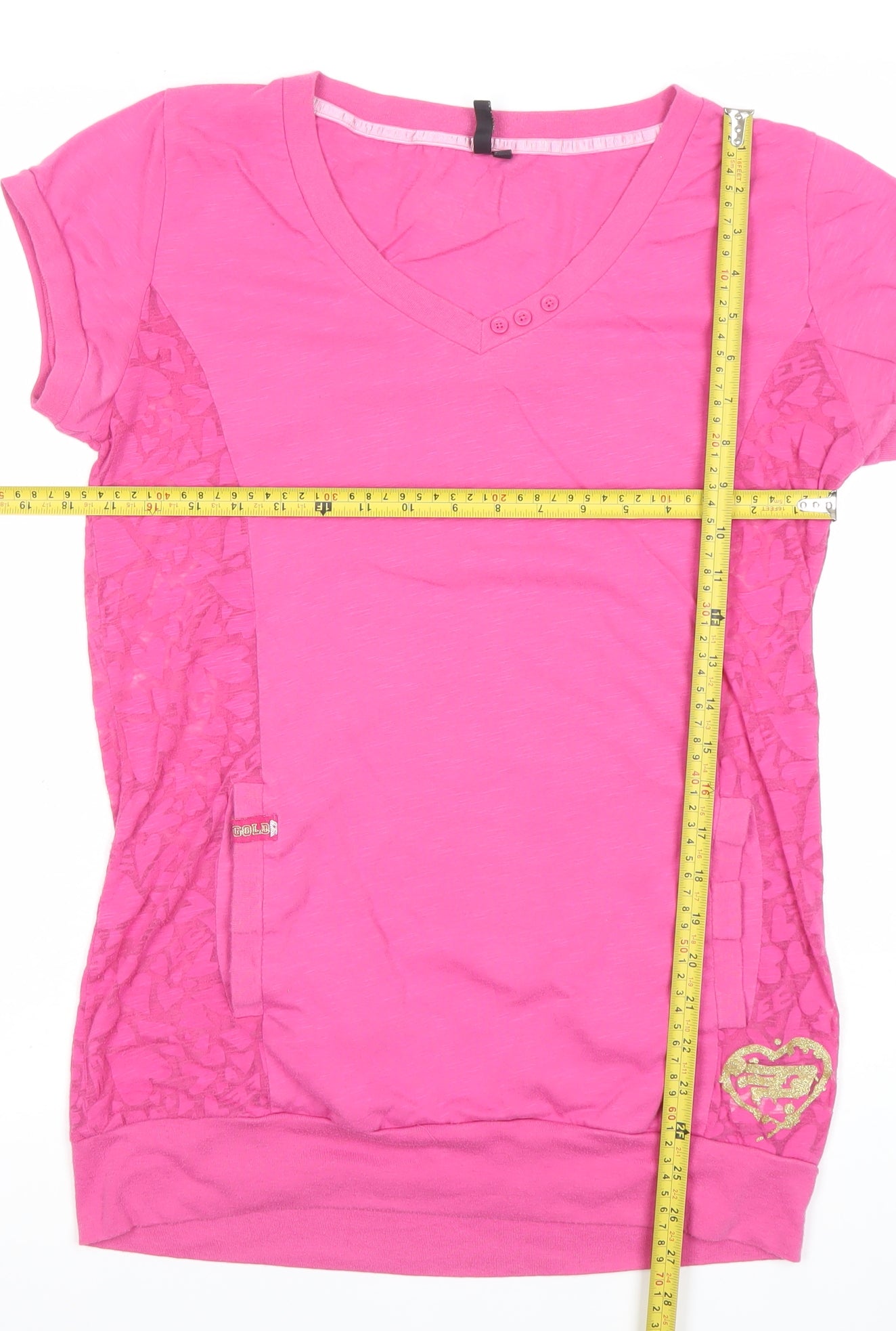 Goldigga Womens Pink V-Neck T-Shirt Size 12 Short Sleeve Lace Detail
