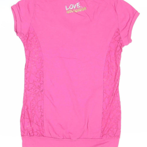 Goldigga Womens Pink V-Neck T-Shirt Size 12 Short Sleeve Lace Detail