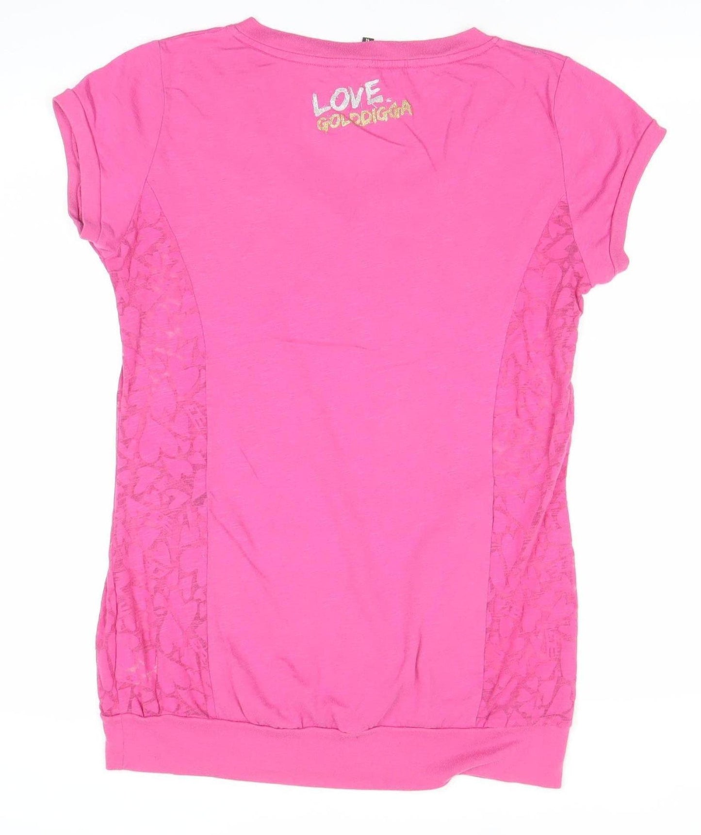 Goldigga Womens Pink V-Neck T-Shirt Size 12 Short Sleeve Lace Detail