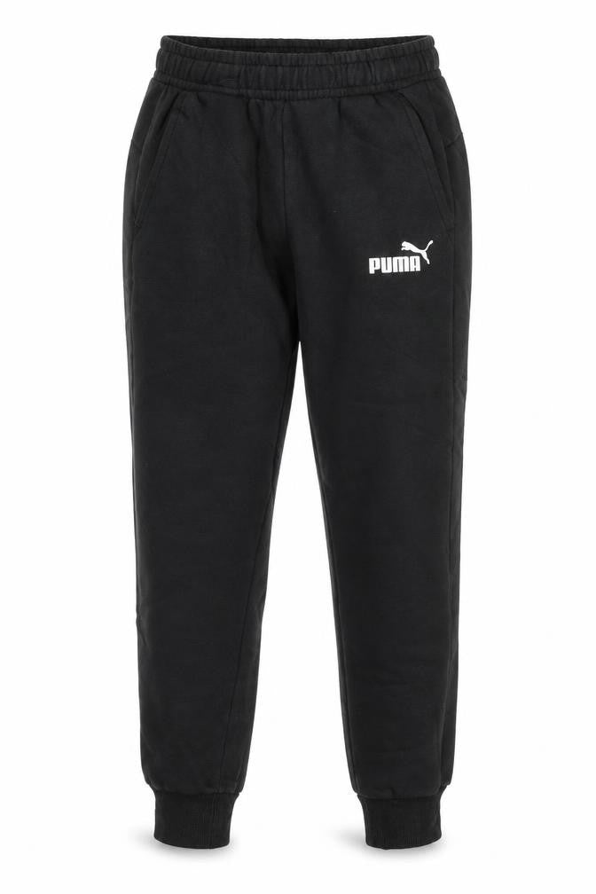 Front view of Puma men’s black jogger sweatpants, size S, regular fit fleece