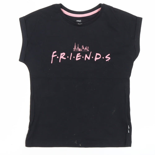 Marks and Spencer Girls Black Friends Logo T-Shirt 8-9 Years Short Sleeve