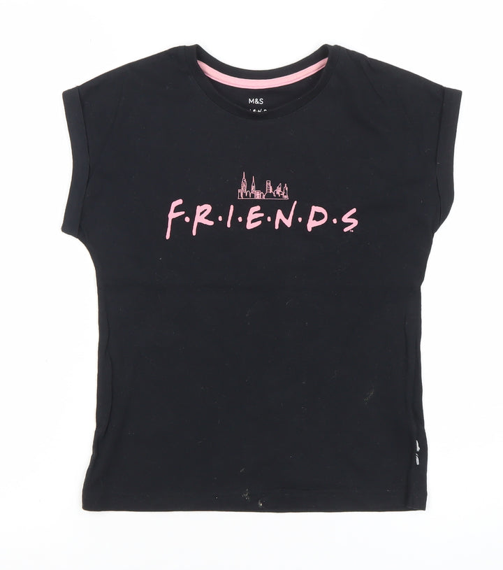 Marks and Spencer Girls Black Friends Logo T-Shirt 8-9 Years Short Sleeve