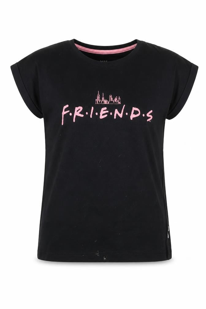 Marks and Spencer Girls Black Friends Logo T-Shirt 8-9 Years Short Sleeve