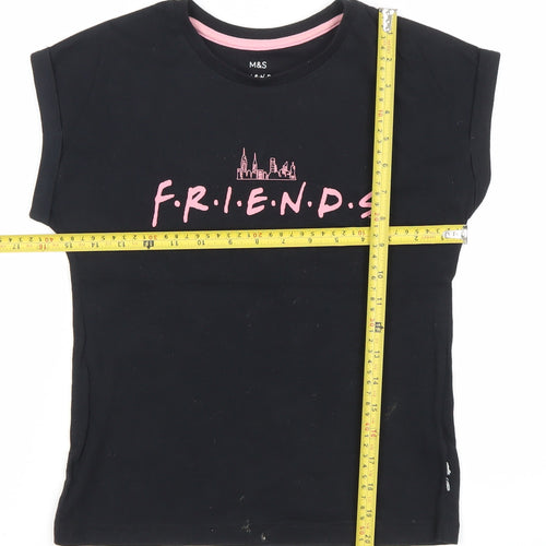 Marks and Spencer Girls Black Friends Logo T-Shirt 8-9 Years Short Sleeve