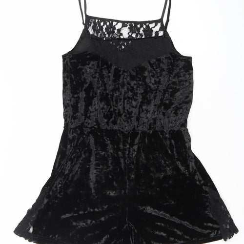 Topshop Womens Black Lace Velvet Playsuit Size 10 V-Neck Strappy