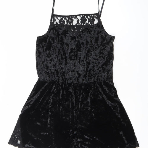 Topshop Womens Black Lace Velvet Playsuit Size 10 V-Neck Strappy