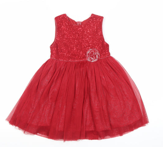 M&Co Girls Red 4-5 Years Tutu Party Dress Sequin Flower Sleeveless