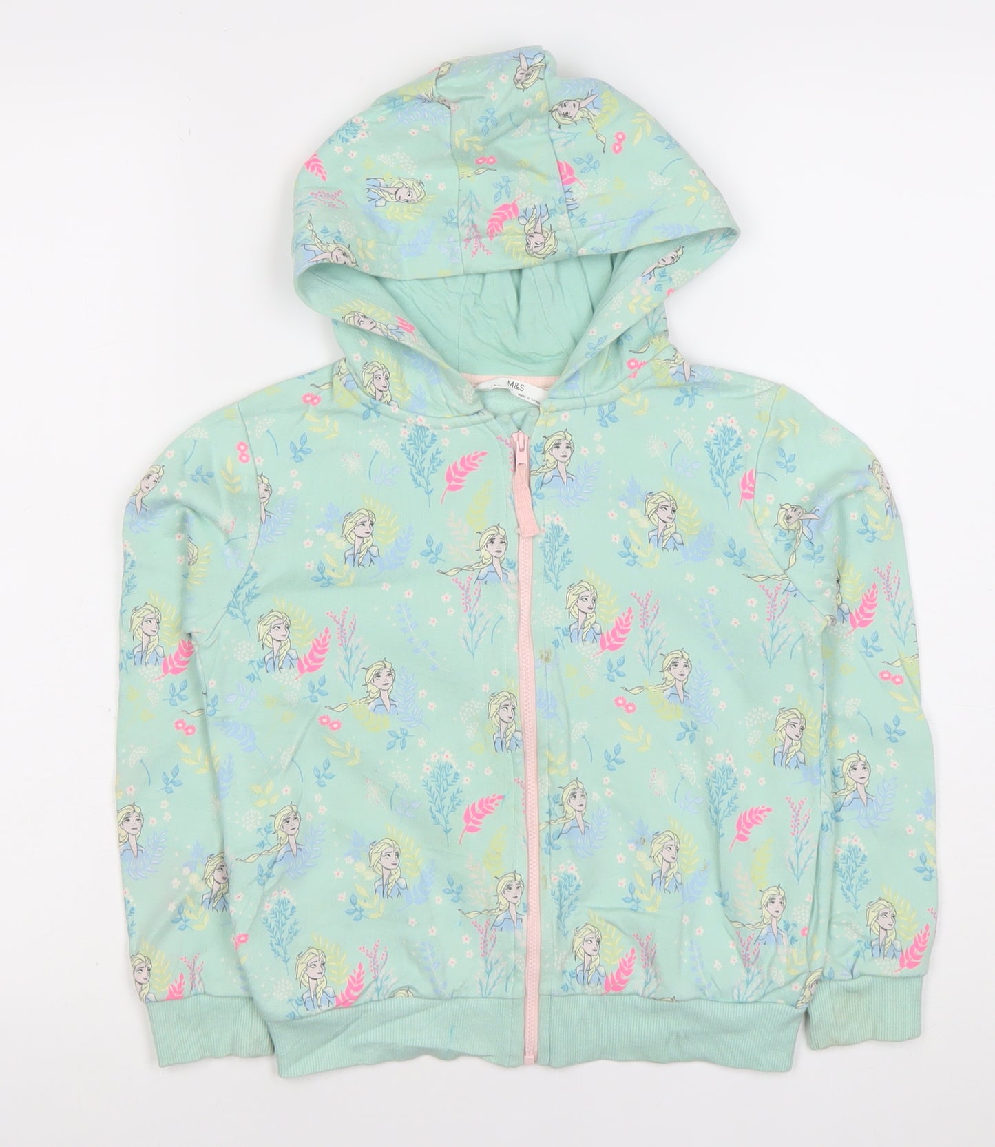 Marks and Spencer Girls Green Frozen Elsa Hoodie 7-8Y Full Zip Cotton Blend