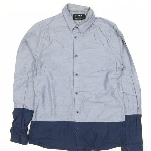 Topman Mens Blue XS Colourblock Cotton Long Sleeve Dress Shirt