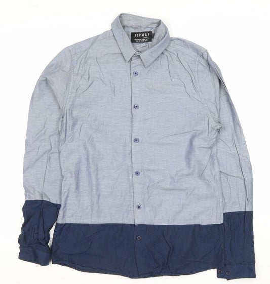 Topman Mens Blue XS Colourblock Cotton Long Sleeve Dress Shirt